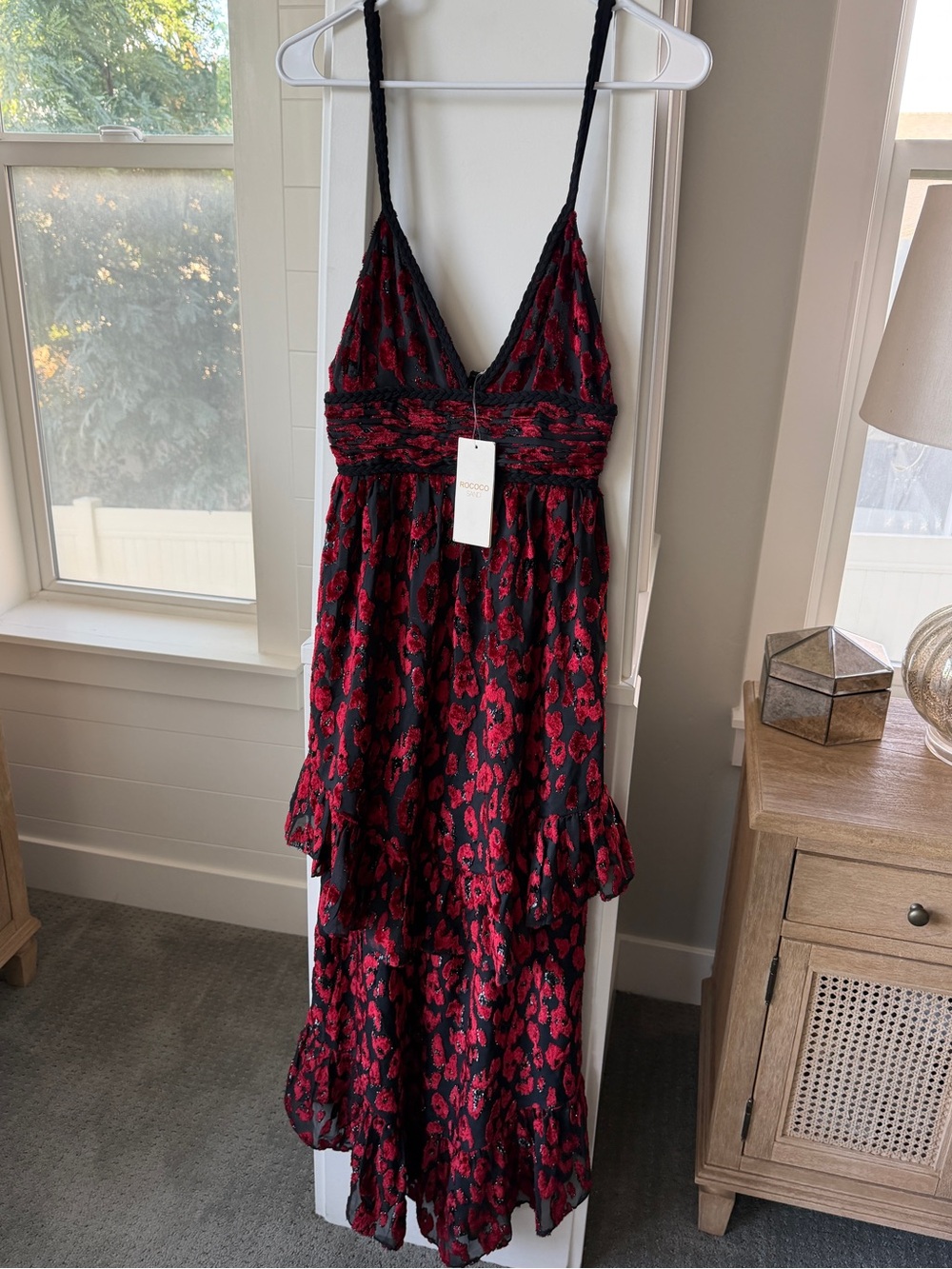 NWT Rococo Sand Haven Red Black Velvet Floral Maxi Dress S